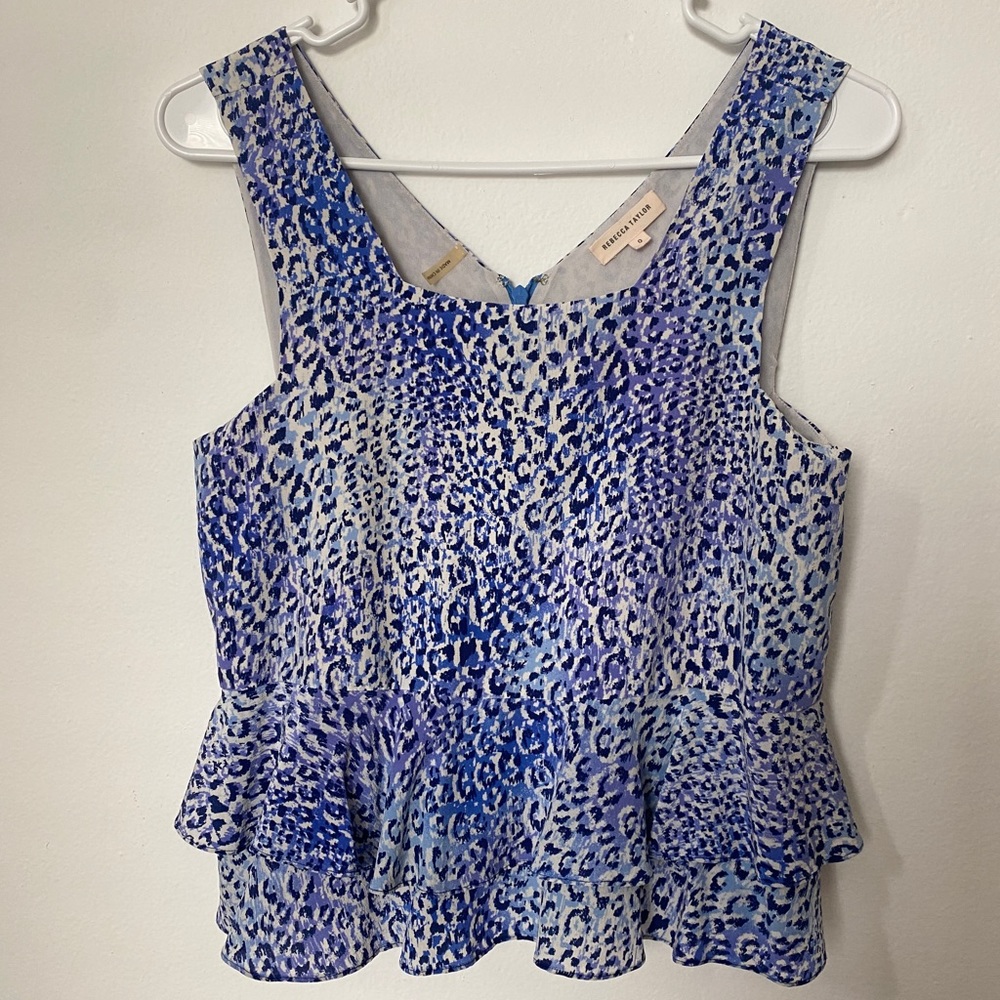 Rebecca Taylor 100% Silk Peplum Sleeveless Blue Square Neck Top 💙